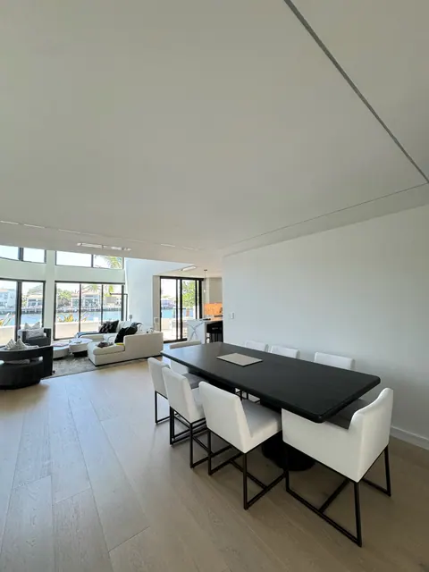 Dining area on wide plank flooring