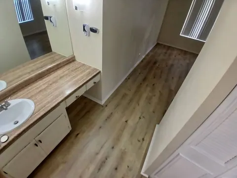 Laminate flooring installed in a bathroom